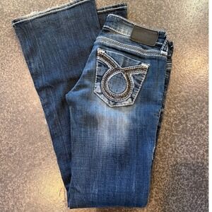 Big Star Sweet Flare Jeans Women 26 Blue Low Rise Dark Wash Contrast Stitch